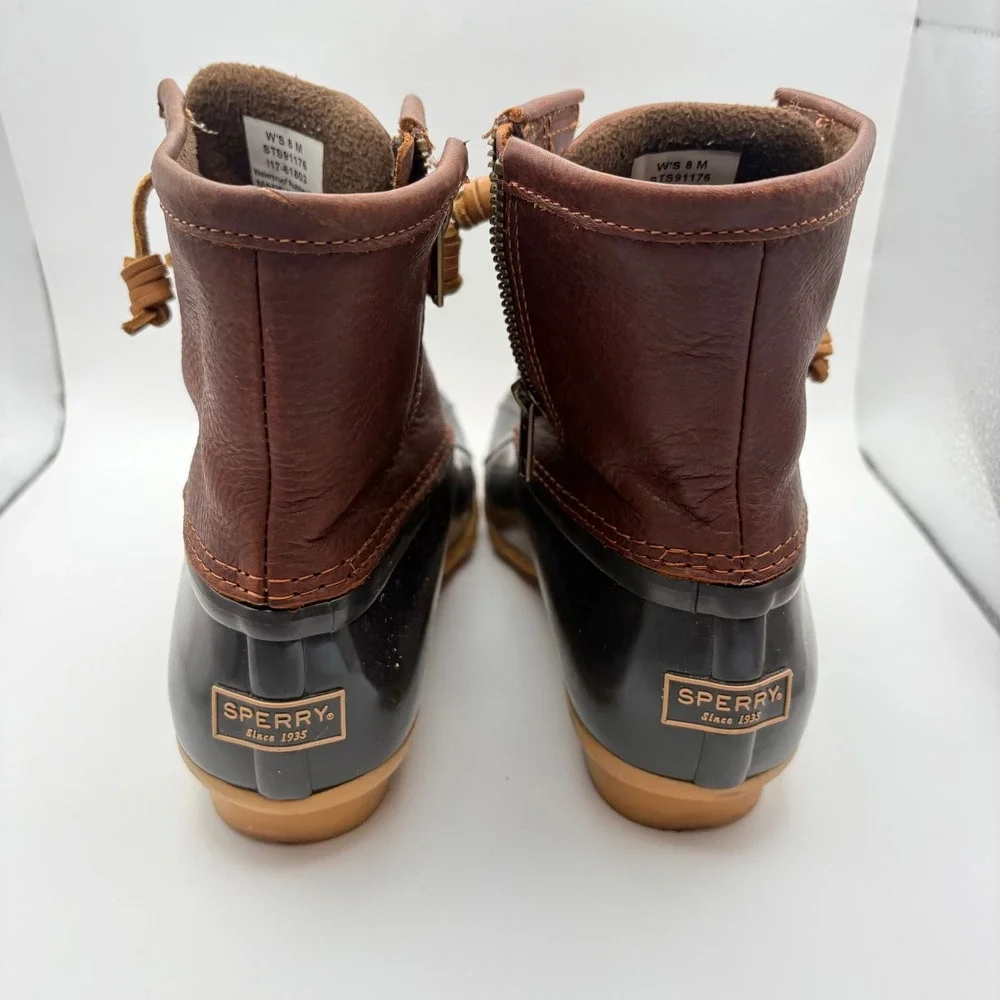 Sperry Women 8 Saltwater Duck Boots Brown Black Leather Rubber Waterproof Ankle